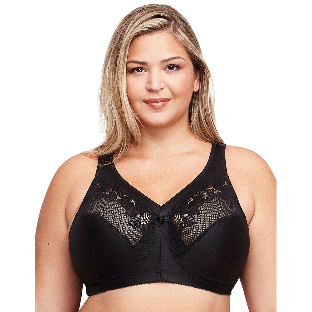 Glamorise MagicLift‎ Bra Women 50I Black EUC Lace Full Figure Wire-Free 1003